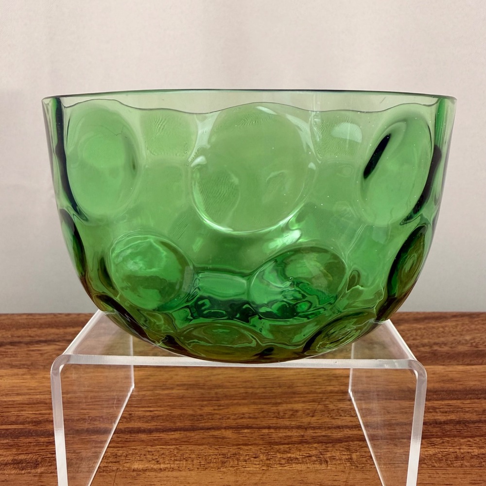 Vintage Emerald Green Glass Thumbprint Bowl Mid Century Modern Coin Dot 5 Inch
